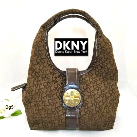 DKNY Brown Hobo Bag Monogram Jacquard Gold Buckle Turnlock Flap Shoulder… - Picture 1 of 13